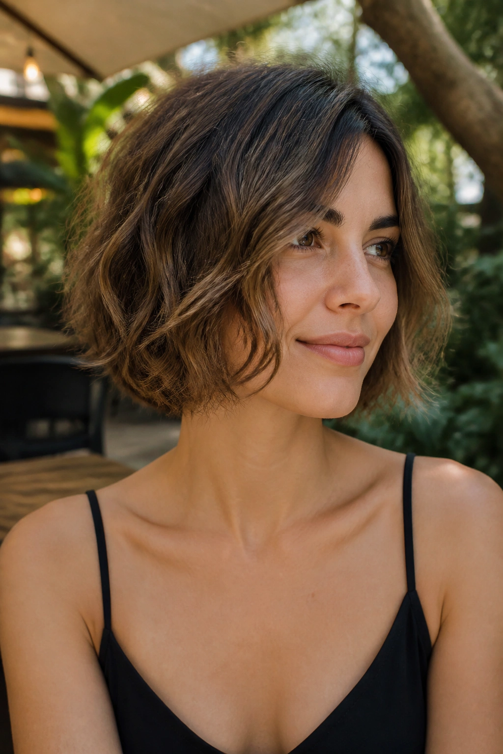 Portrait of a real person with a wavy bob and invisible layers in outdoor daylight.