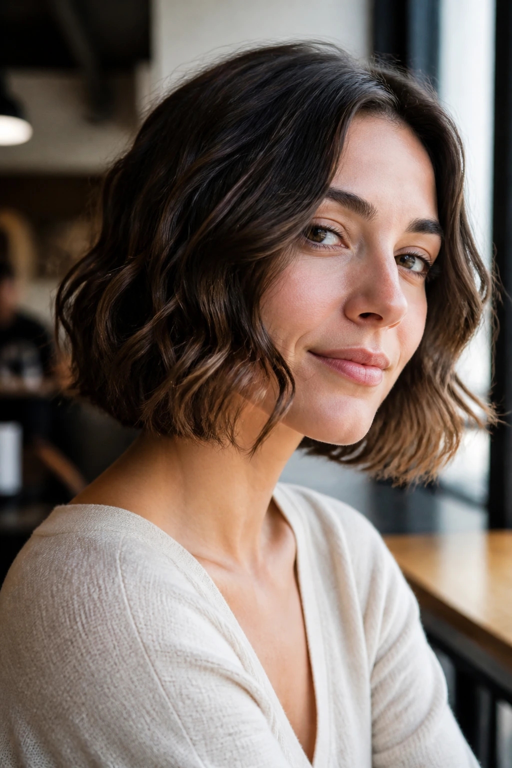 Real woman with a wavy jaw-length bob in a sunlit cafe setting.