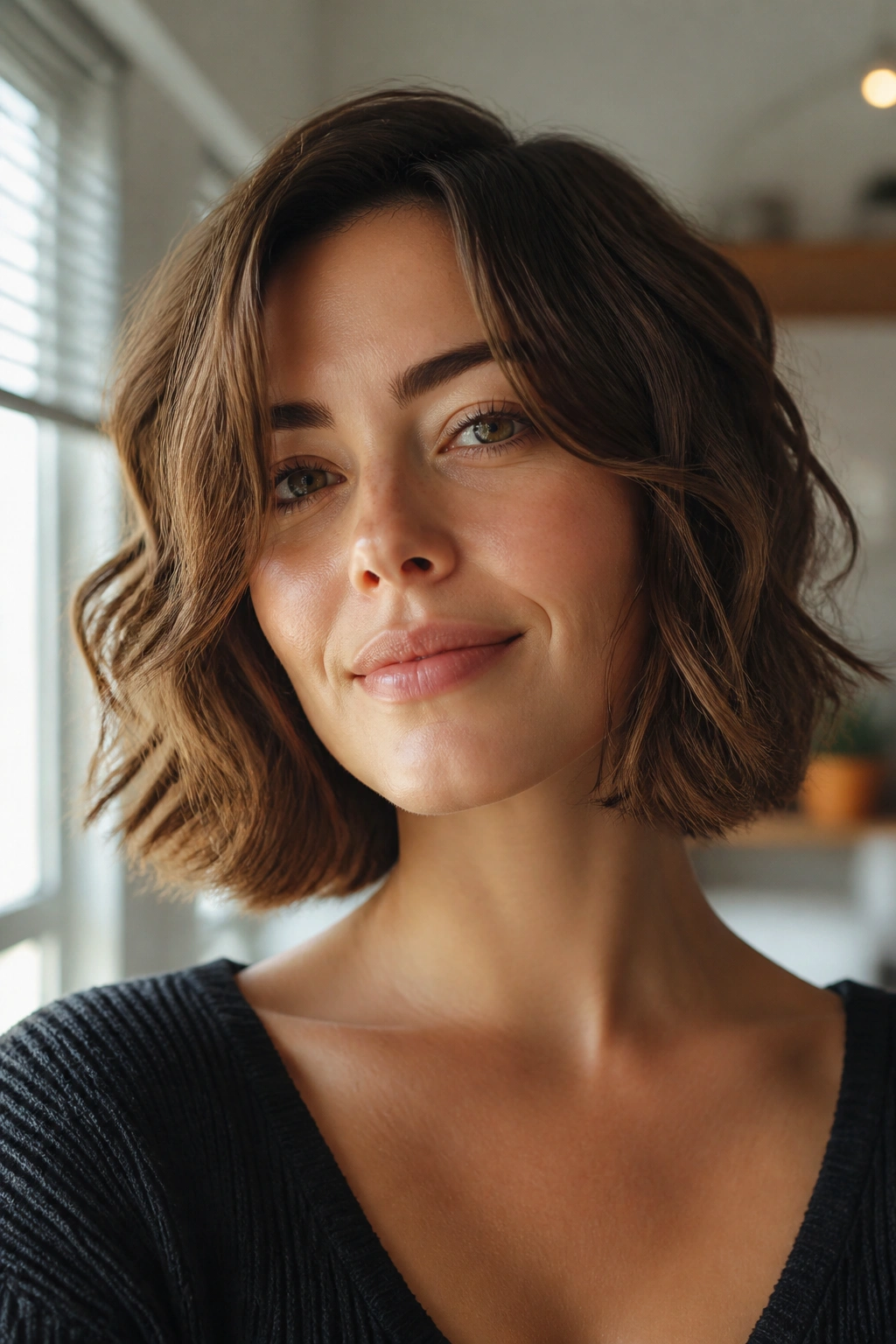 Close-up of a real person with a wavy bob that skims below the jaw in soft window light