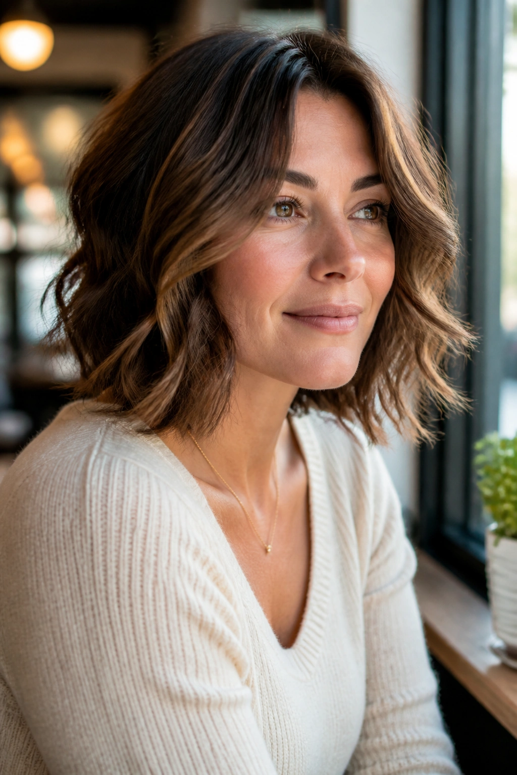 Close-up of a real woman with loose waves and long layers in a Wavy Bob haircut at a cafe window.