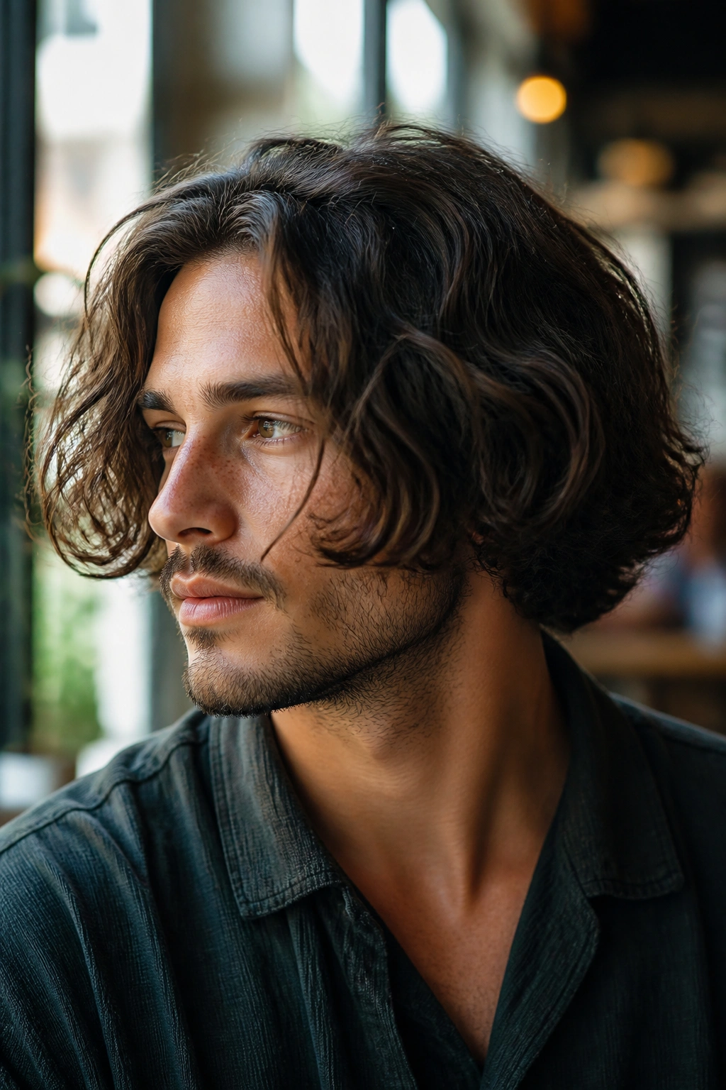 Close-up of a man with a wavy bob hairstyle and natural texture.