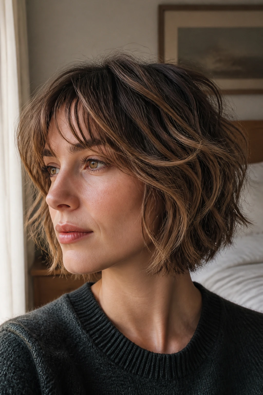 Close-up of a real woman with a wavy bob and micro layers under warm window light