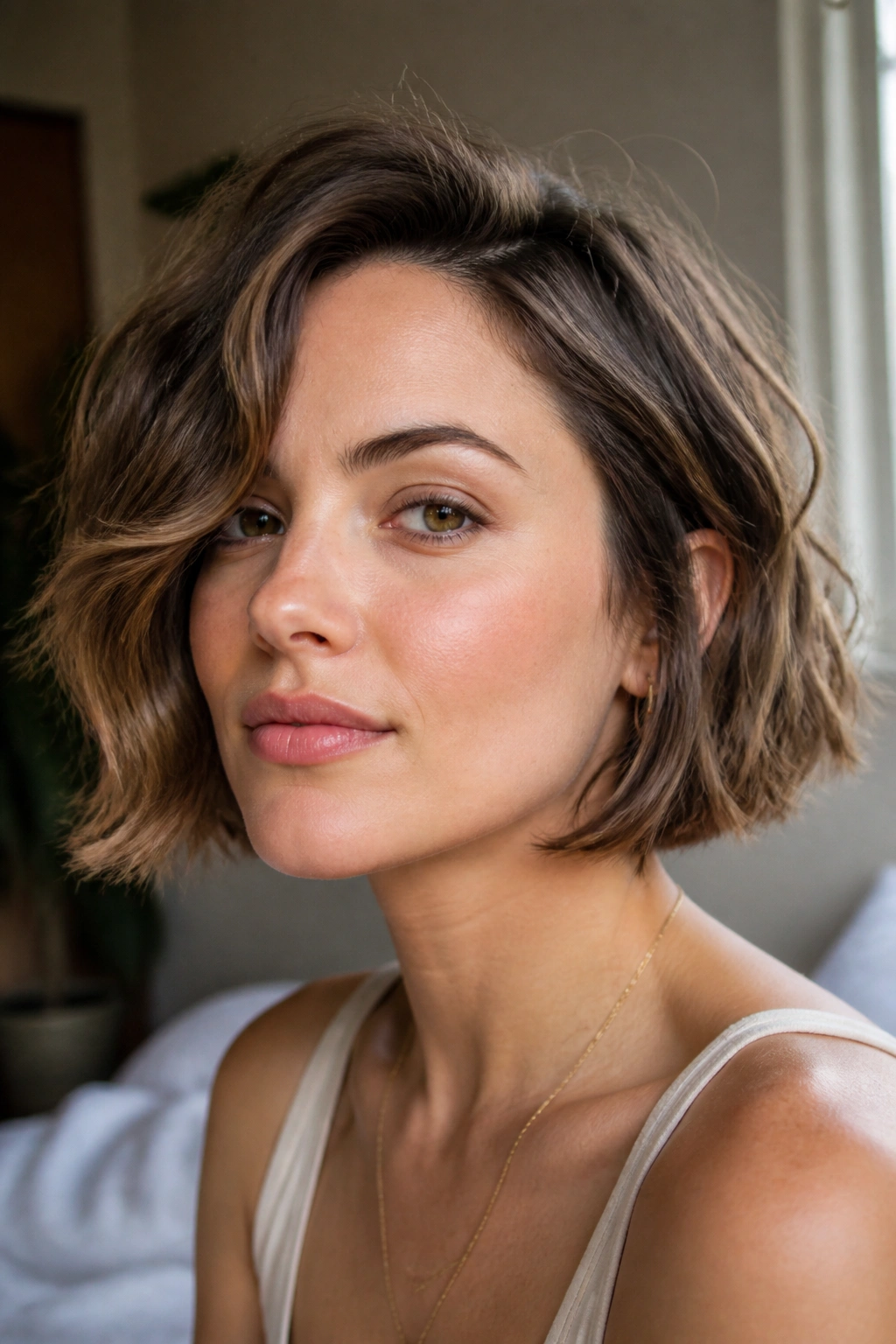 Close-up of a real woman with a wavy micro bob, cheekbone-length, in warm bedroom light.