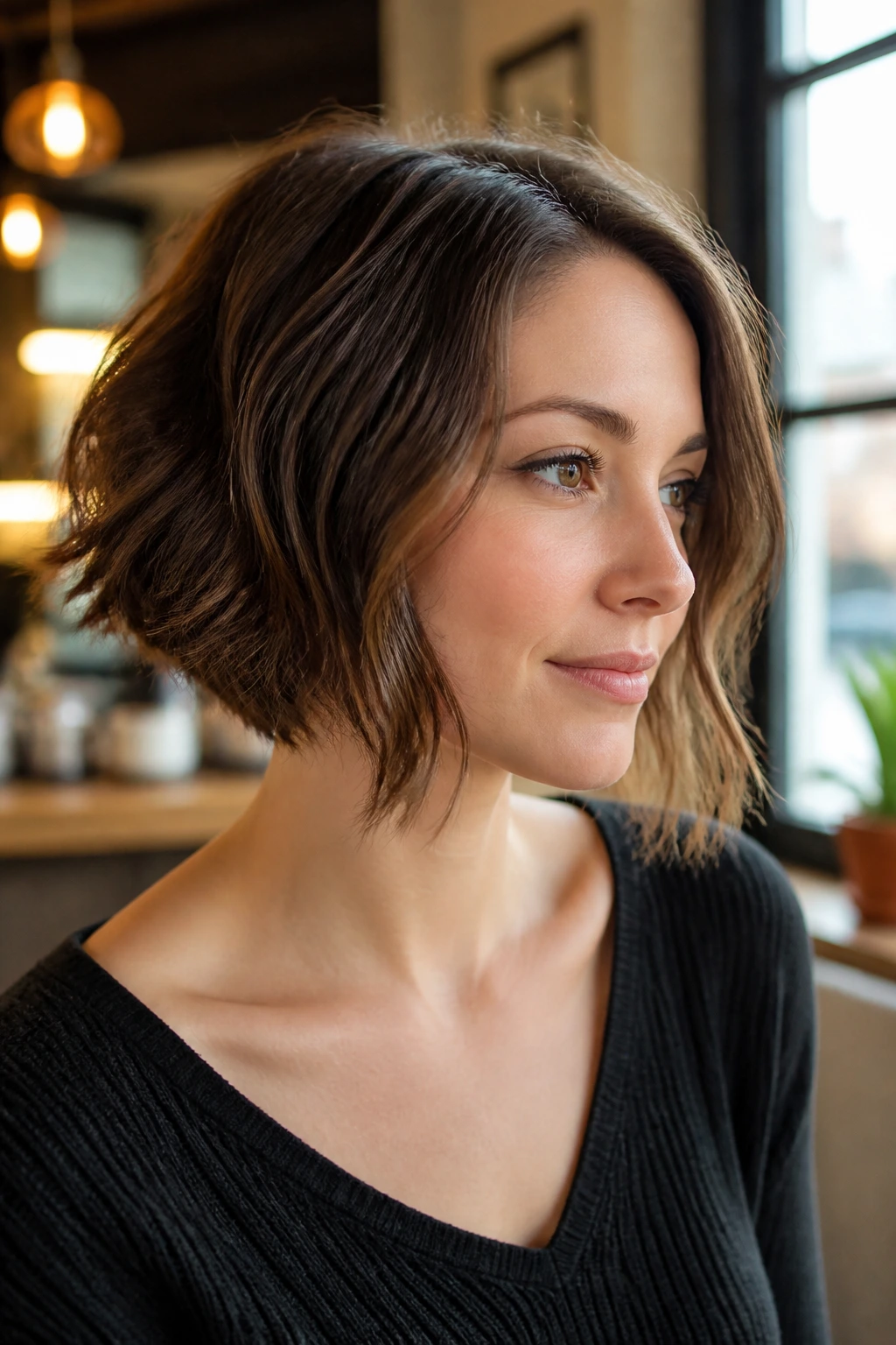 Portrait of a real woman with a wavy chin-skimming bob and longer front pieces