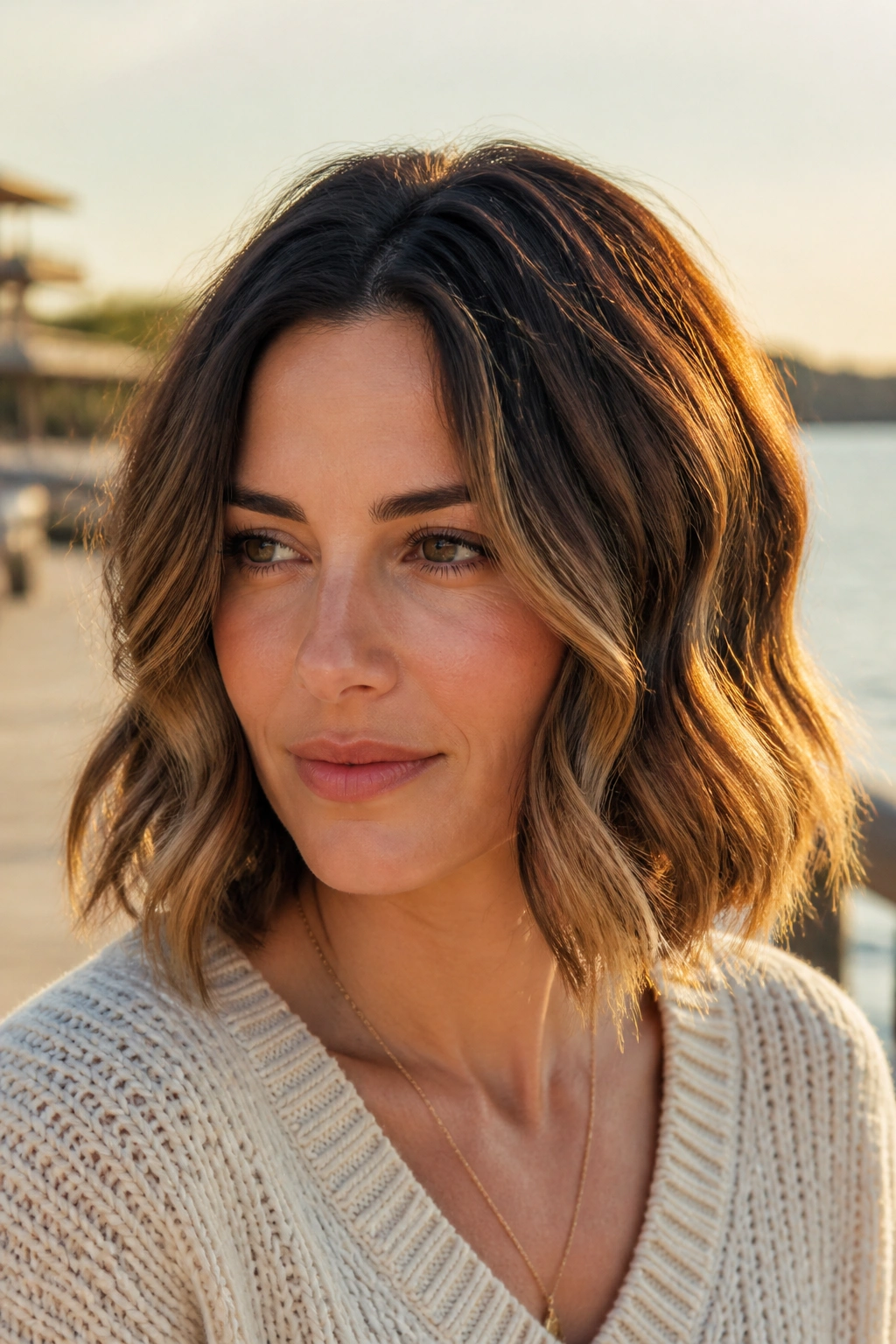 Brunette woman with wavy bob, root lift, caramel ribbons.