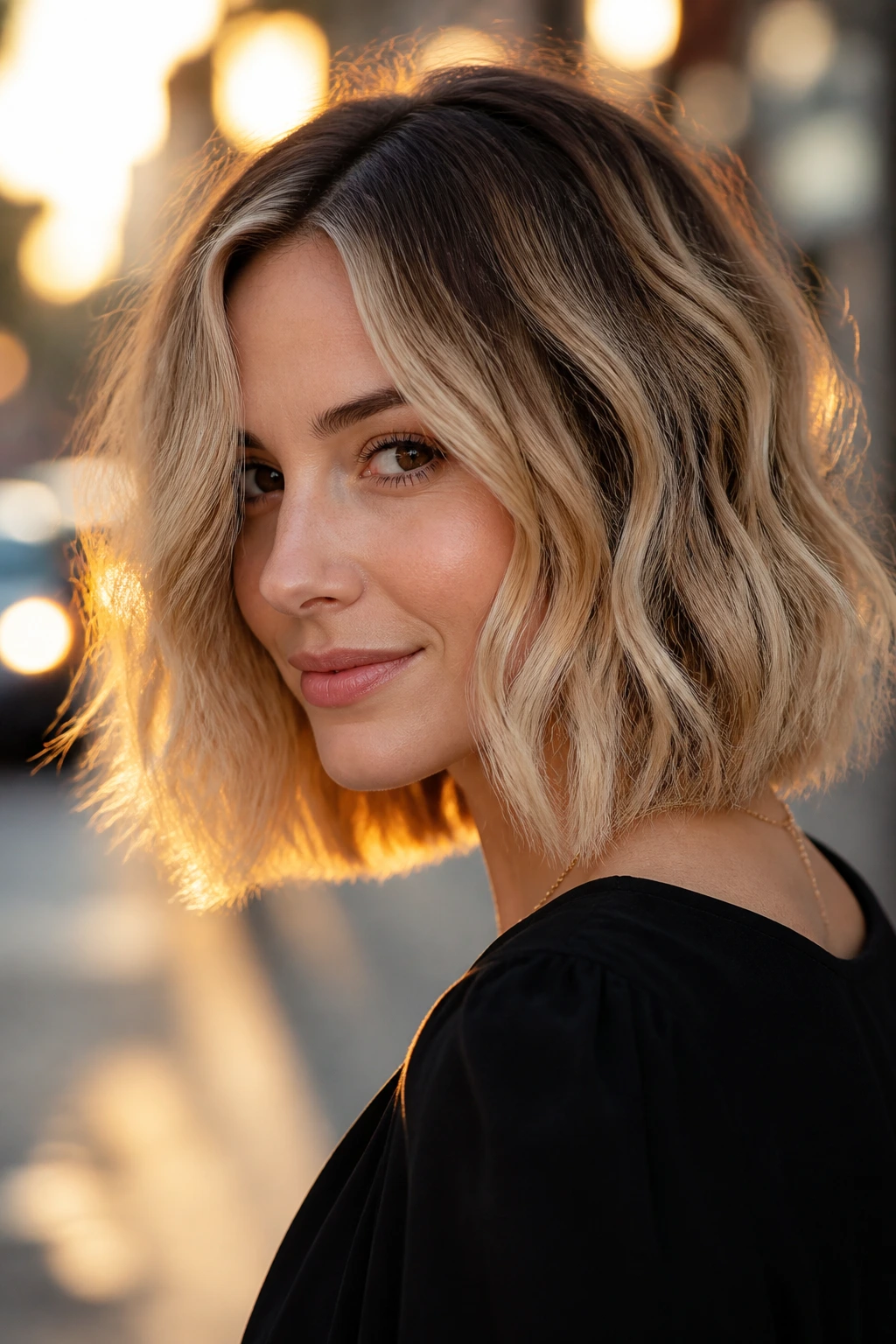 Real woman with wavy bob and deep root shadow in golden hour light