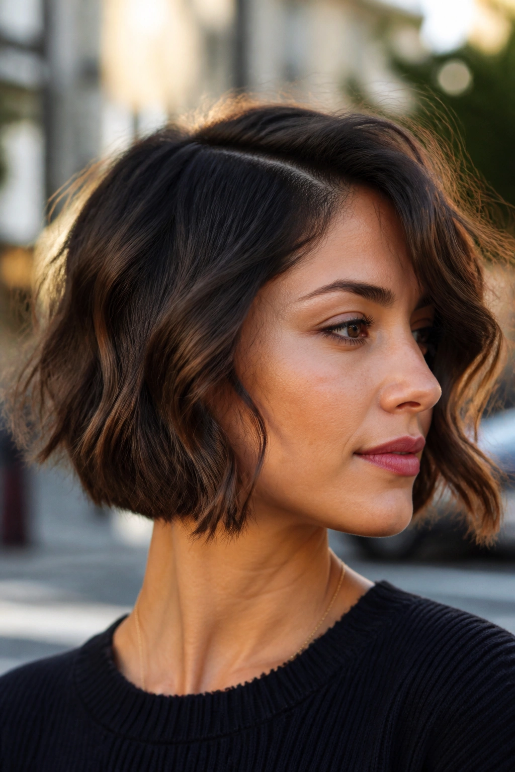 Close-up portrait of a real woman with a wavy bob and side part