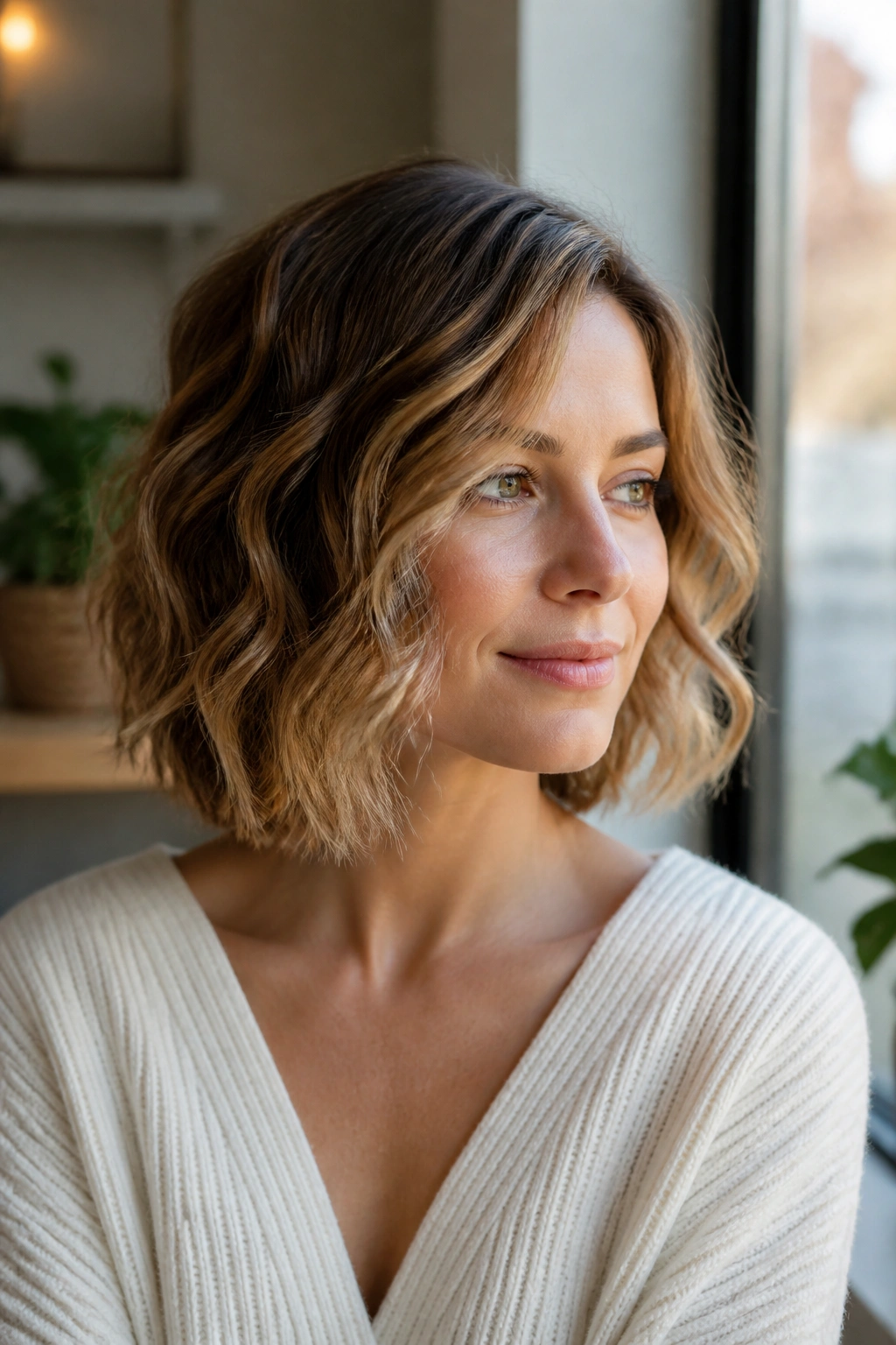 Medium close-up of a real woman with a wavy bob and soft bends in natural light.