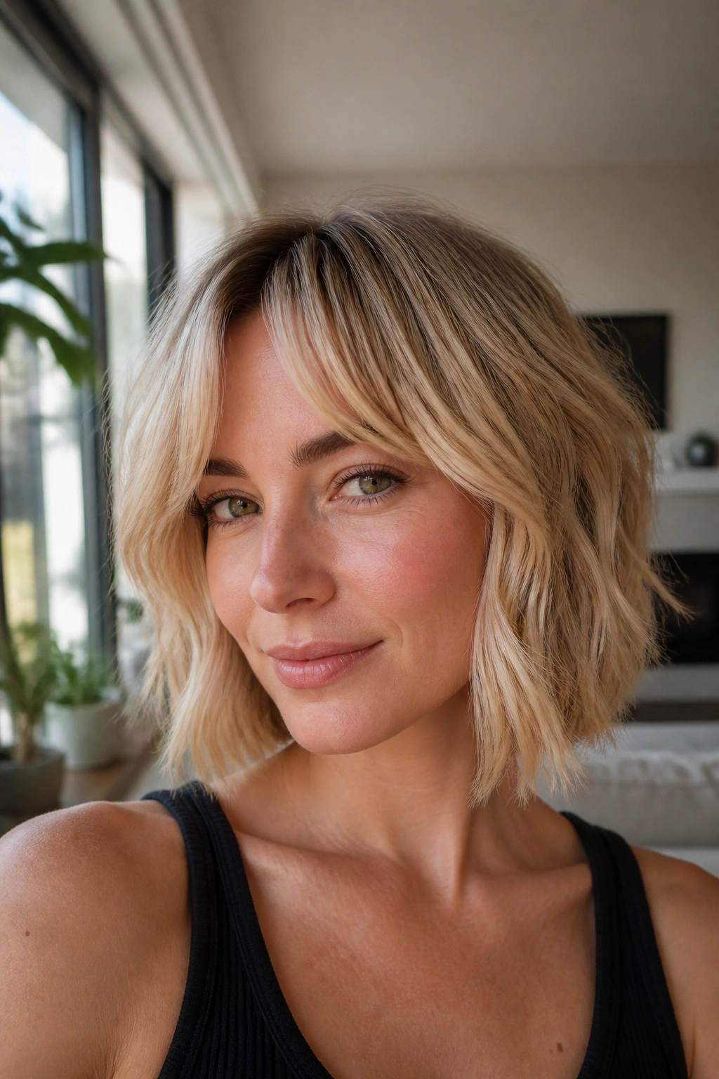 Real woman with a wavy chin-length bob and split fringe by a sunlit window