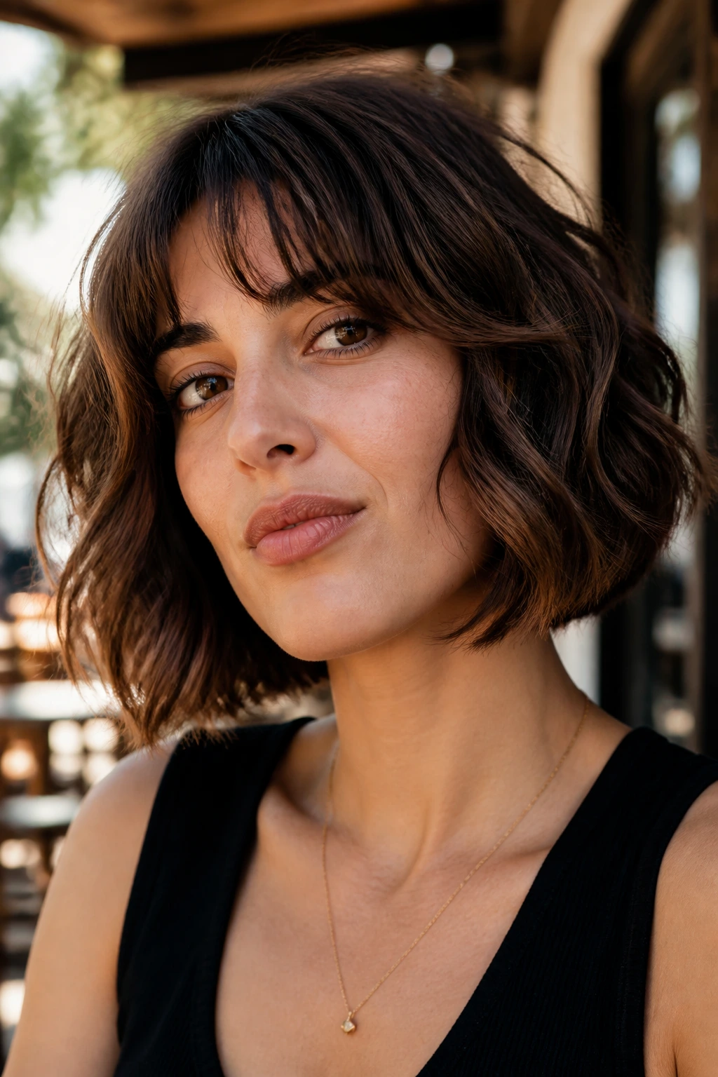 Close-up of a real woman with a chin-length wavy bob and natural texture.