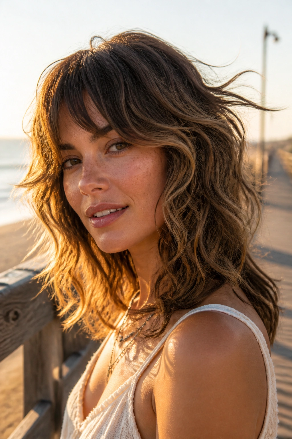 Real woman with wavy boho shag and face-framing pieces in golden hour light