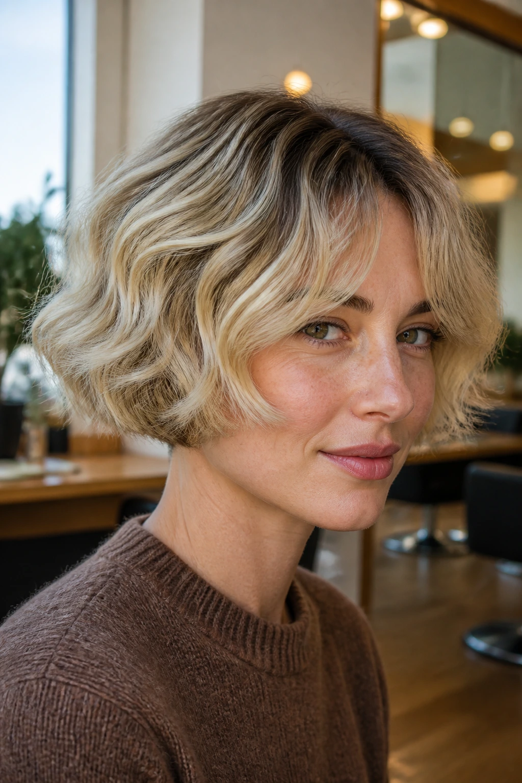 Close-up of a real woman with a wavy bowl cut and root shadow in blonde hair