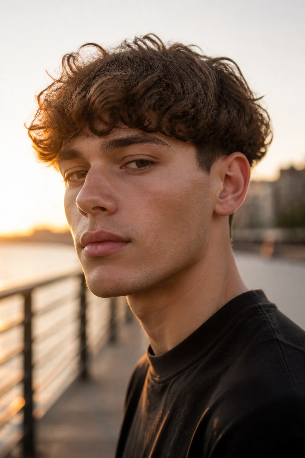 Man with wavy bowl cut on boardwalk at golden hour