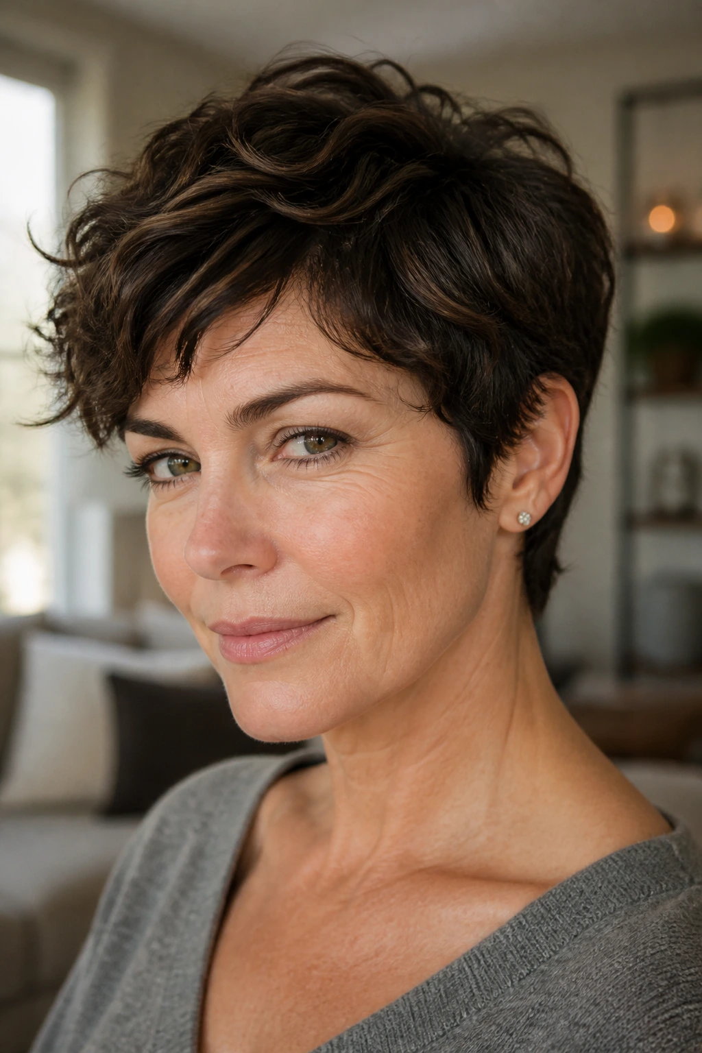 Close-up portrait of a real woman with a wavy brunette pixie under soft window light.
