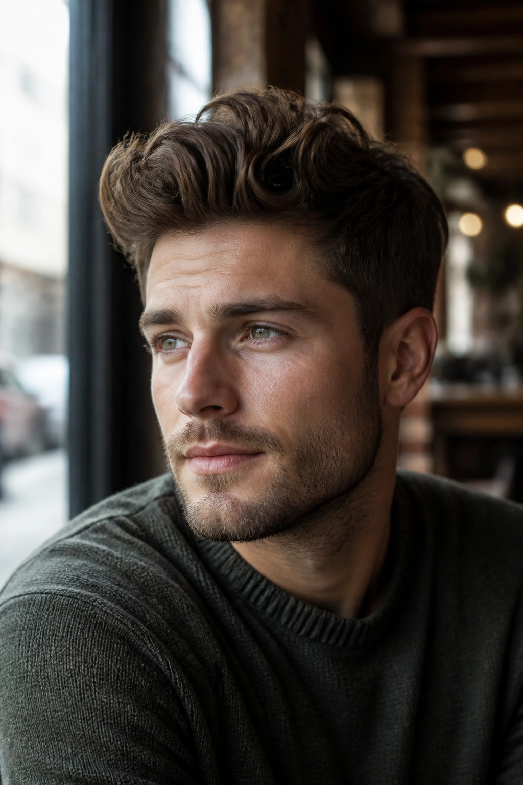 Portrait of man with a wavy brush-up hairstyle
