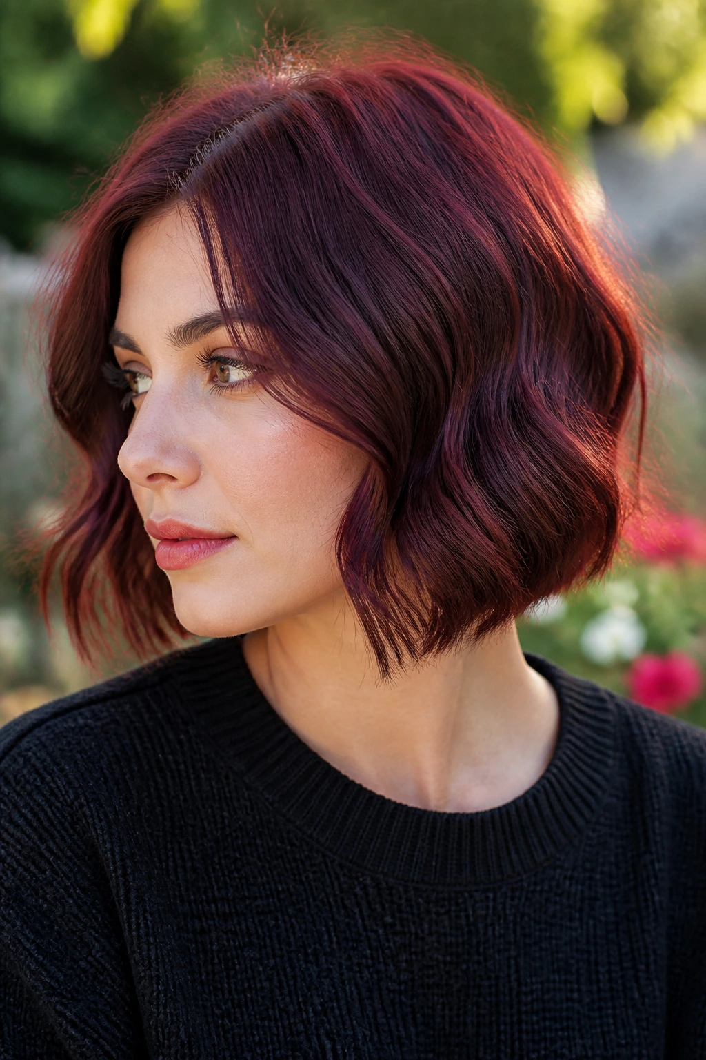 Real woman with wavy burgundy bob and invisible layers in soft sunlight