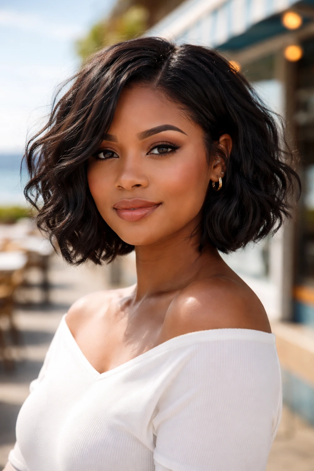 Close-up of wavy chin-length bob on a real person with beachy waves.