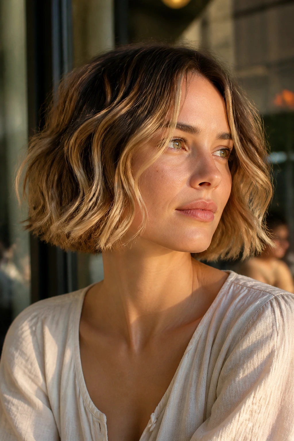 Real woman with wavy chin-length cut portrait