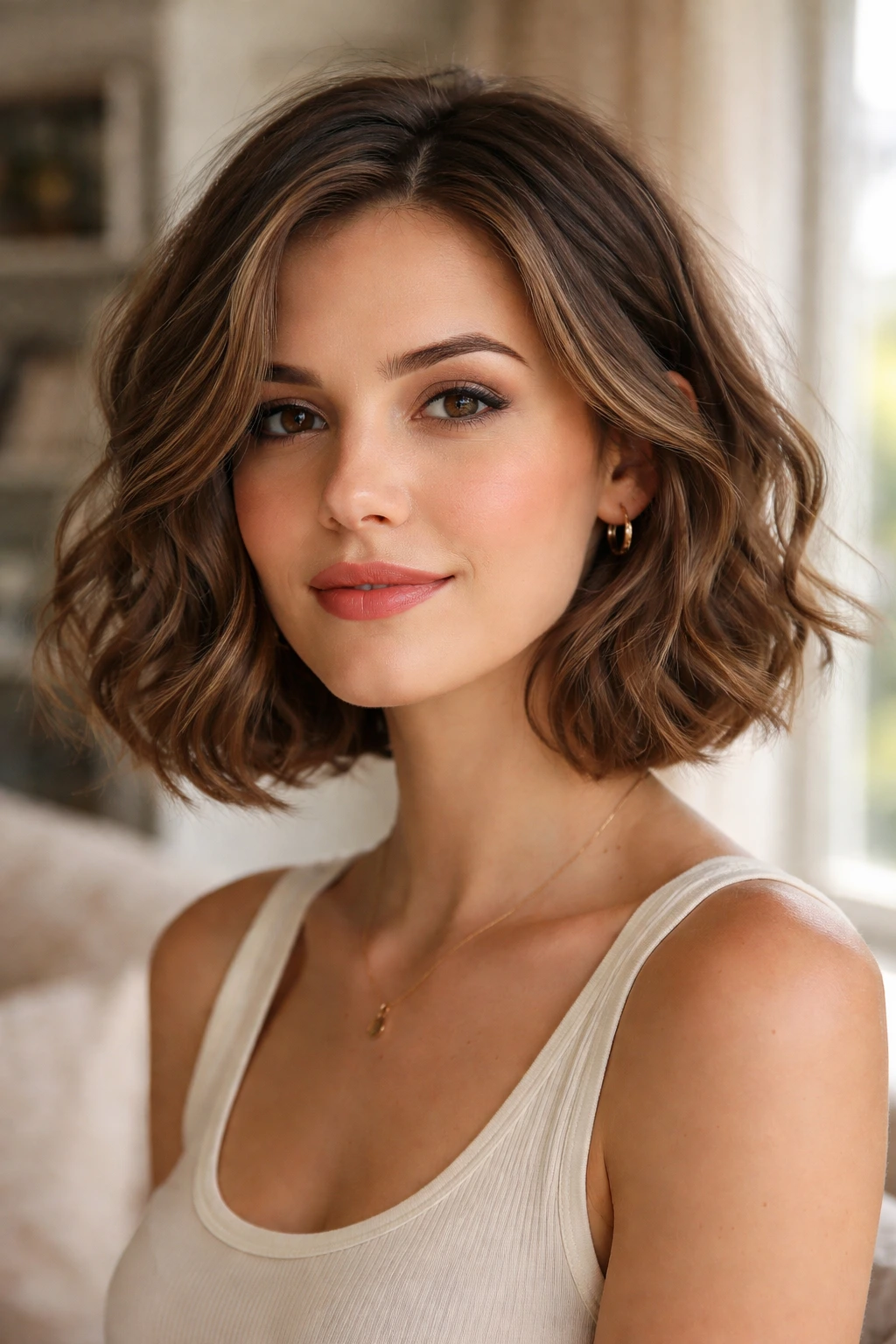 Real woman with wavy chin-length hair and soft waves by window light