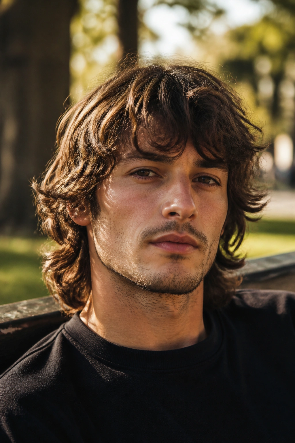 Portrait of a man with a wavy collar-length shag in golden hour light