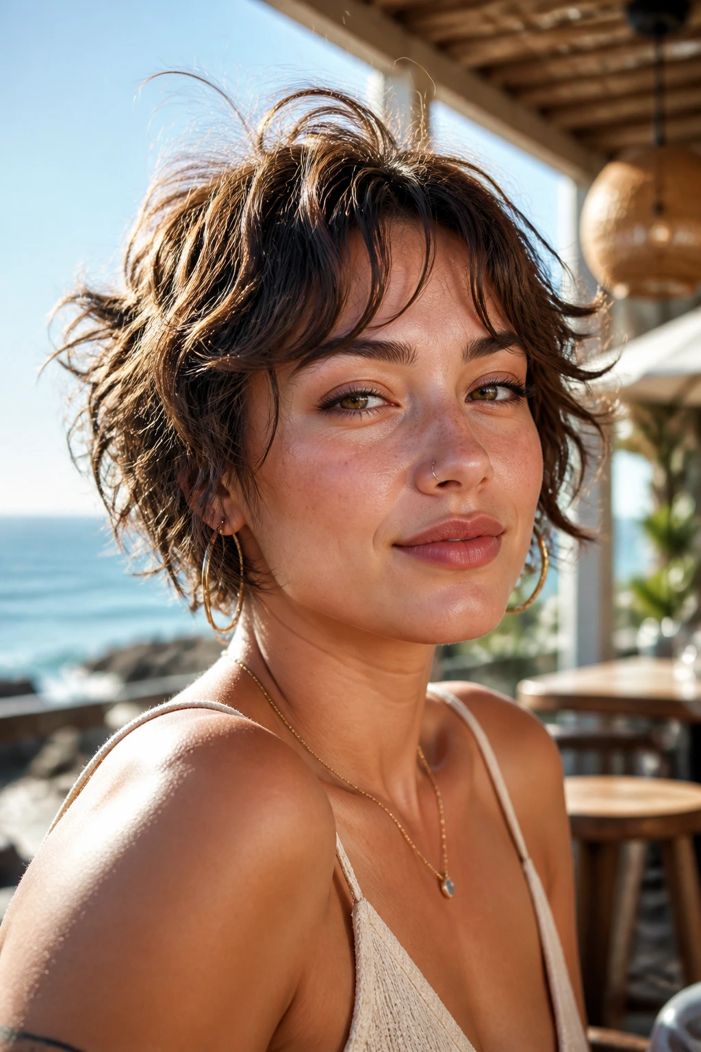 Portrait of a real woman with a wavy crop and baby curtain bangs