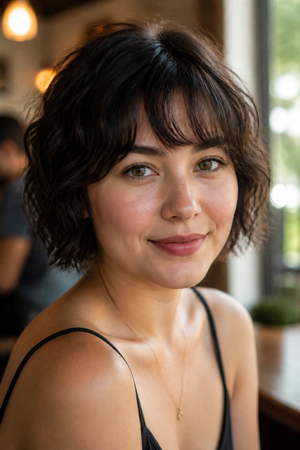 Close-up of a real woman with wavy crop and bottleneck bangs
