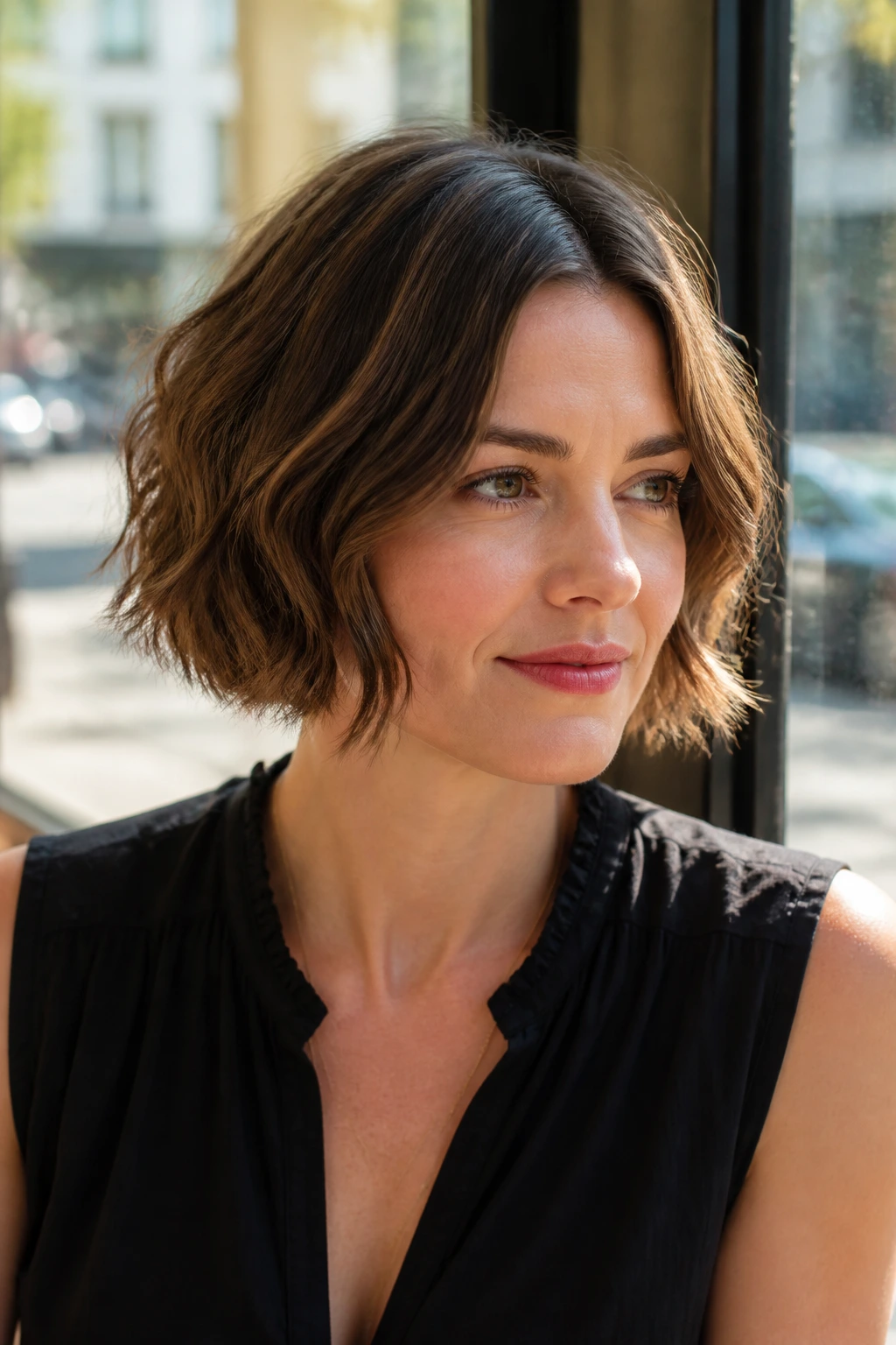 Close-up of a woman with a soft center-part wavy crop in a sunlit cafe setting