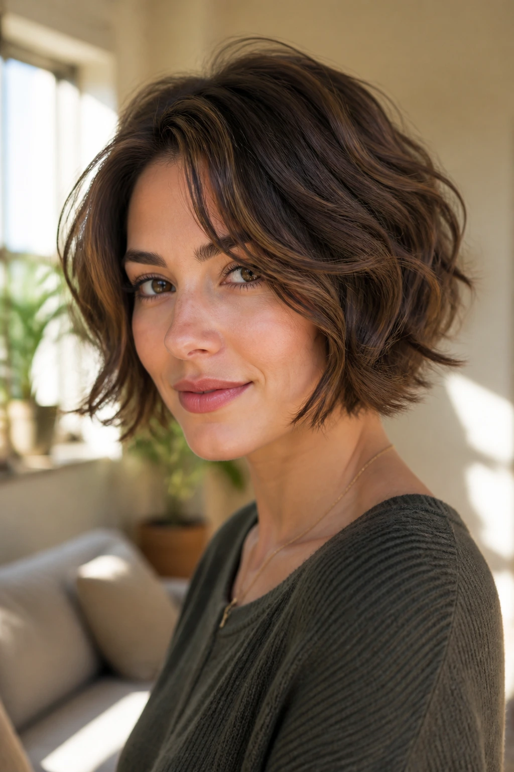 Wavy crop with invisible layers hairstyle on real woman
