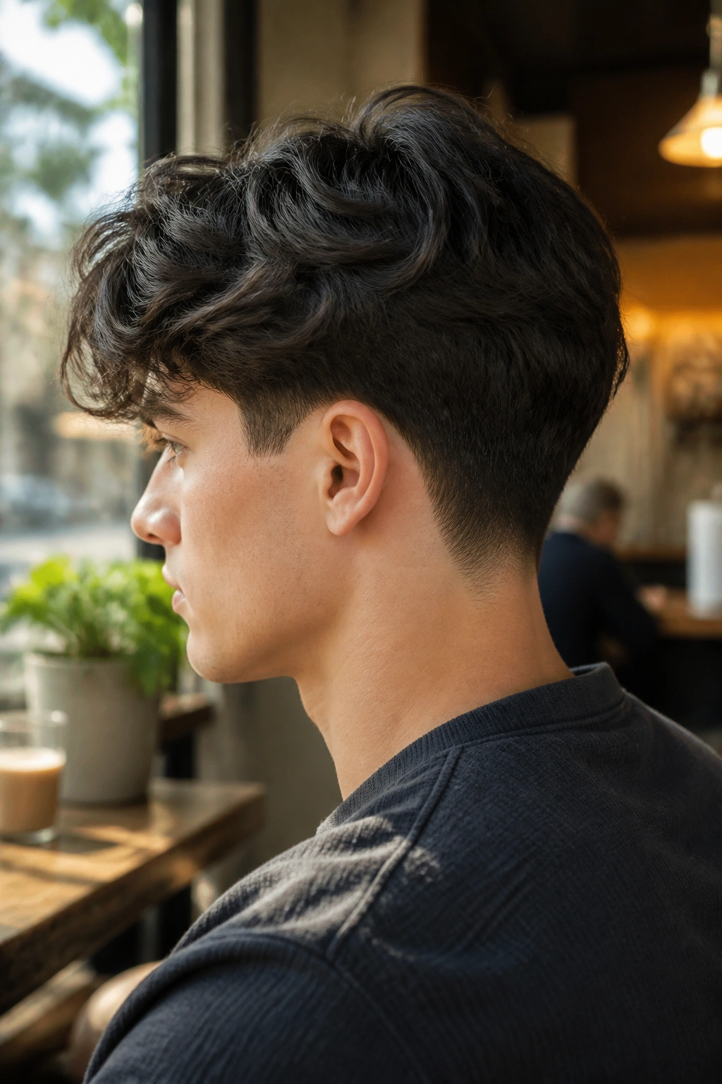 Real person with a wavy crop and tapered nape.