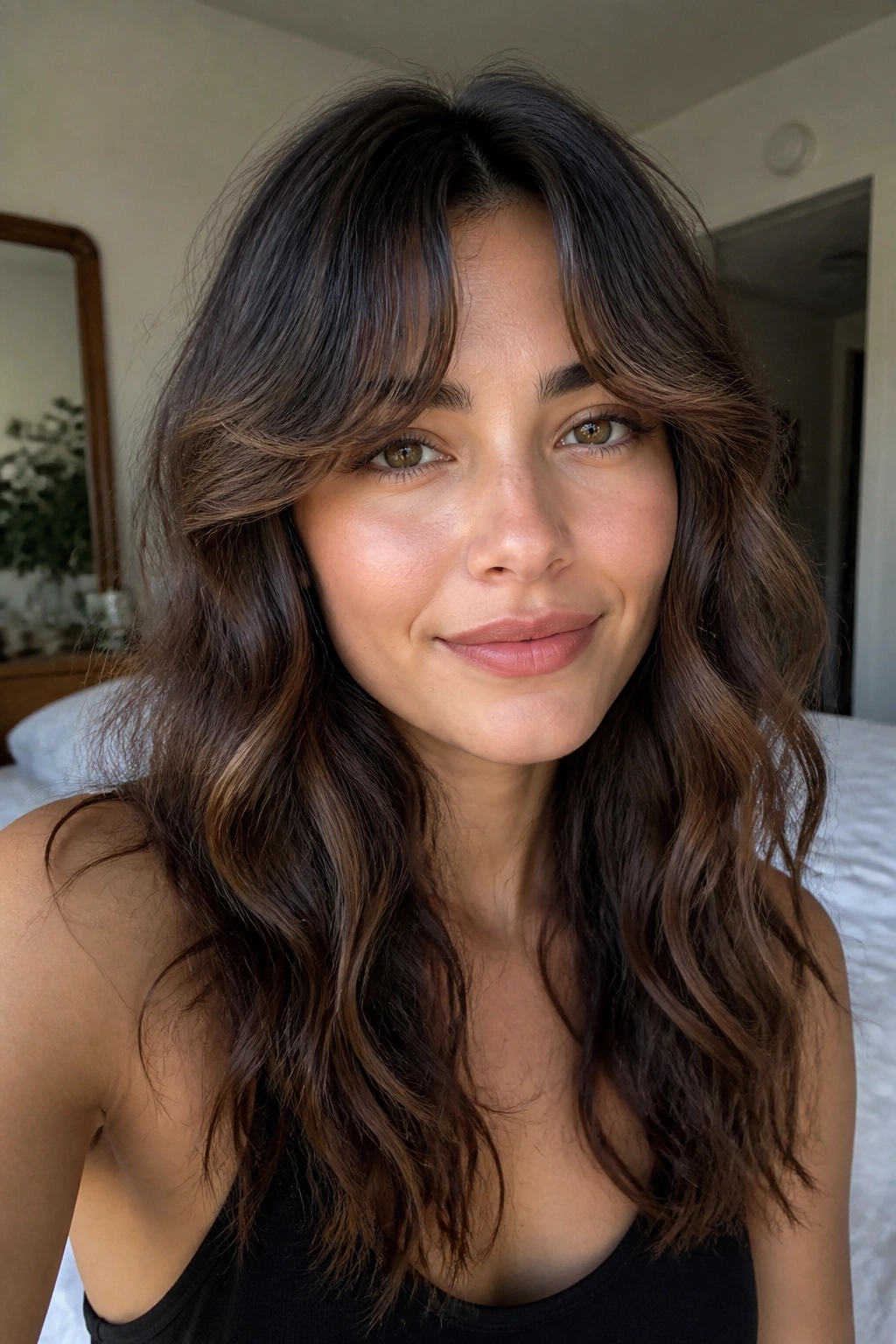 Close-up of a woman with wavy curtain bangs and middle lift
