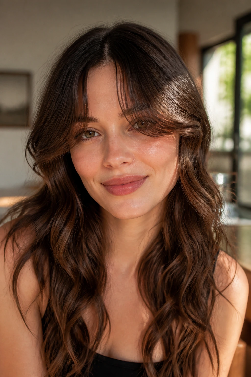 Close-up of wavy curtain bangs on a real person.
