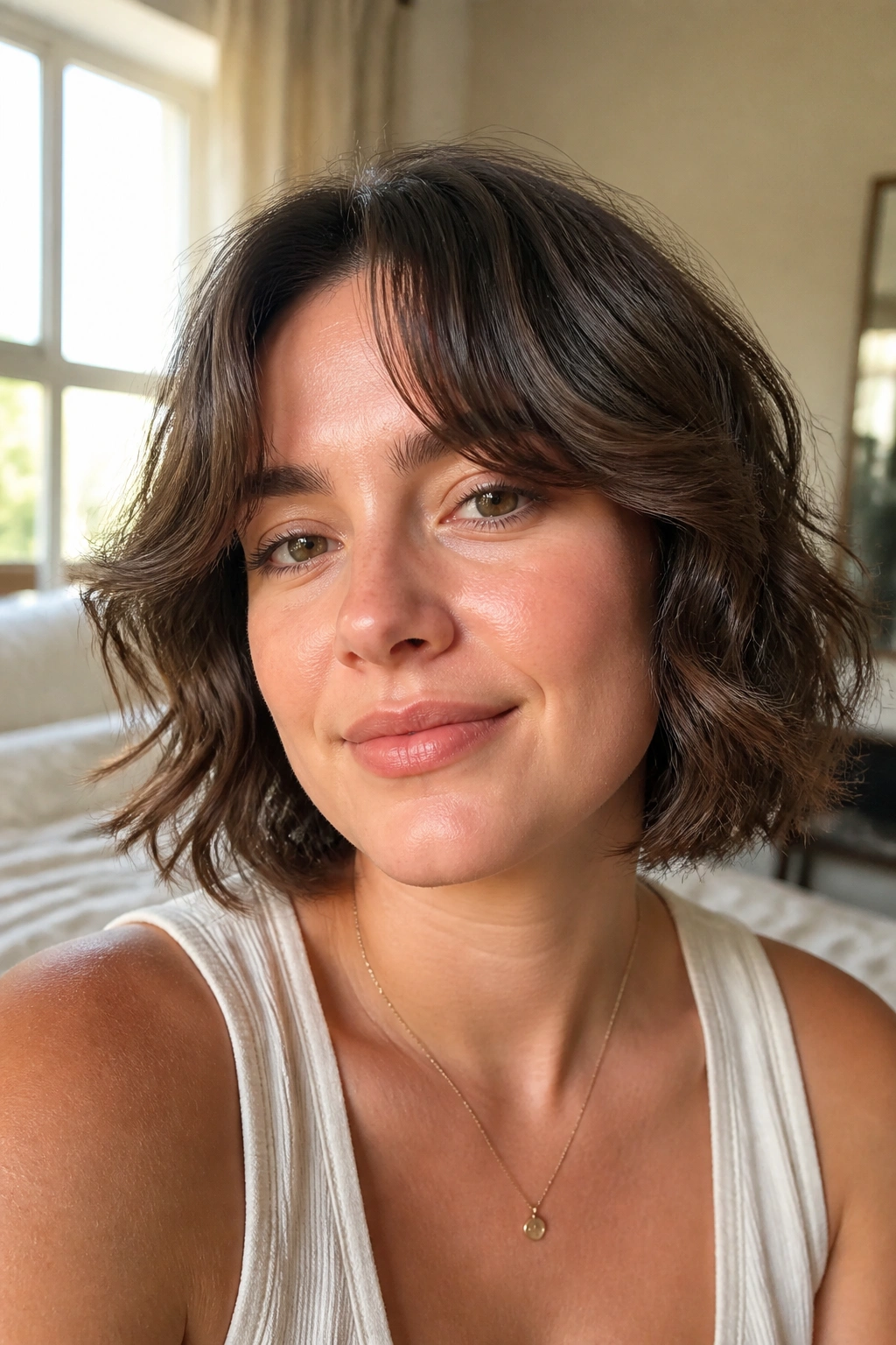 Close-up of a real woman with wavy curtain bangs framing a round face in a sunlit bedroom