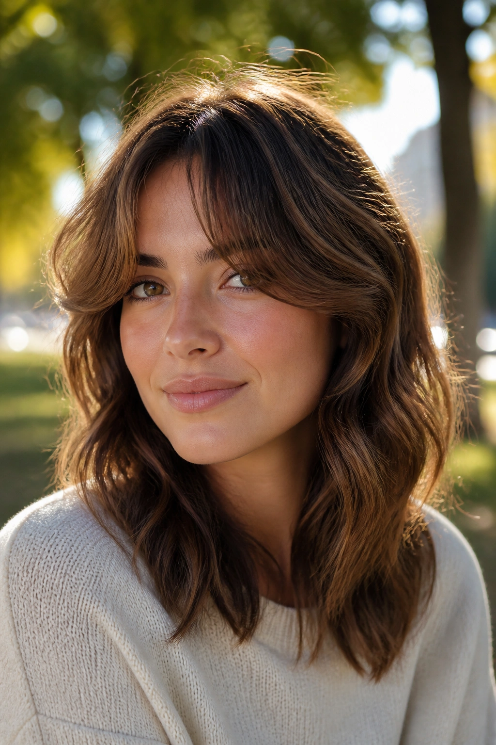 Real woman with wavy curtain fringe in natural outdoor light