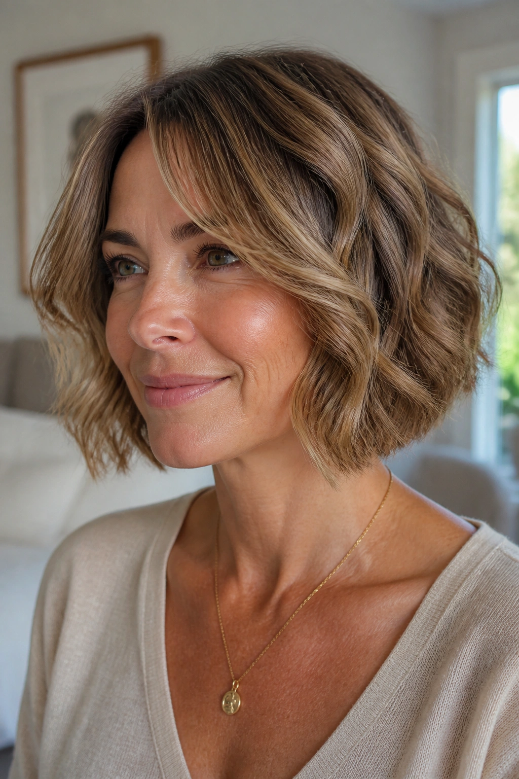Close-up portrait of a woman with a wavy feathered bob in warm window light