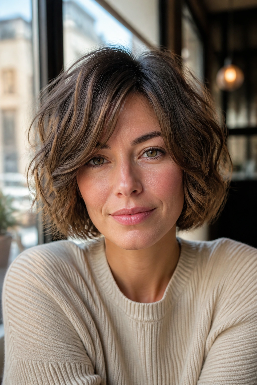 Close-up portrait of a real woman with Wavy Feathered Bob at a cafe window