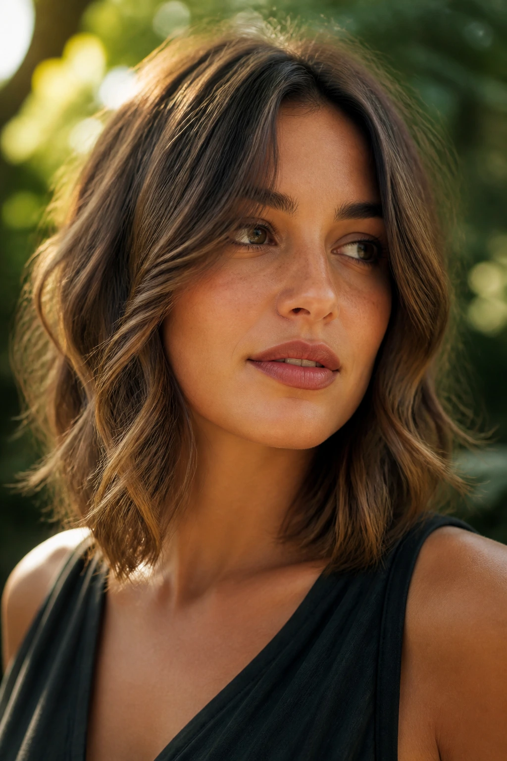 Real woman with wavy feathered lob in golden hour light