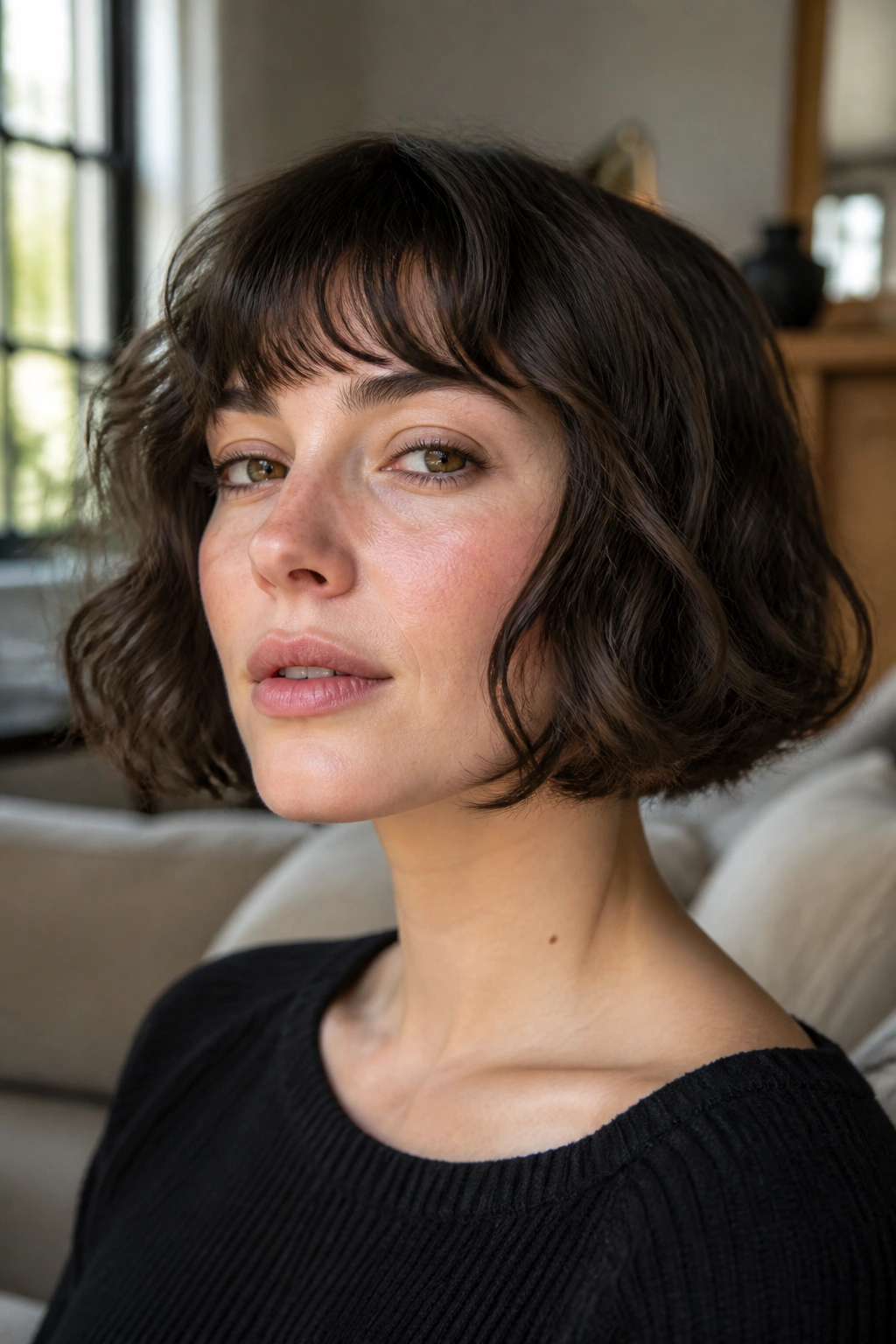 Real woman with a wavy French bob showing loose waves