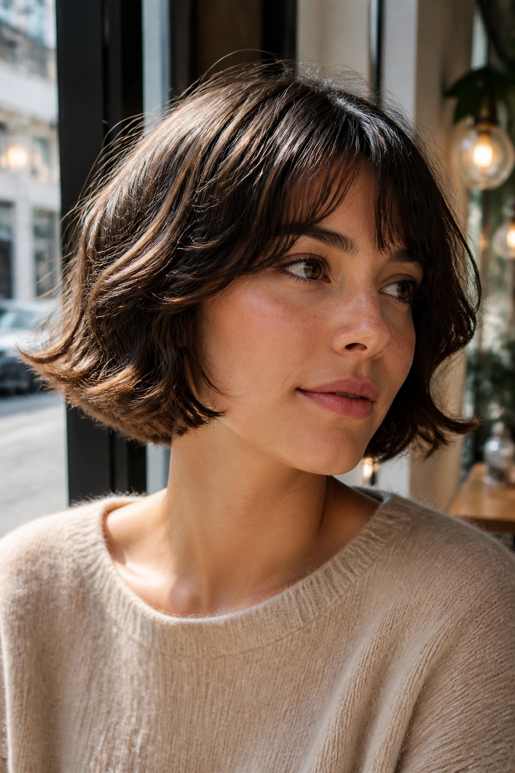 Close-up portrait of a woman with a wavy French bob hairstyle