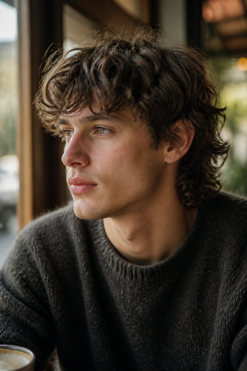 Close-up of a man with a wavy fringe mullet and soft front in natural daylight