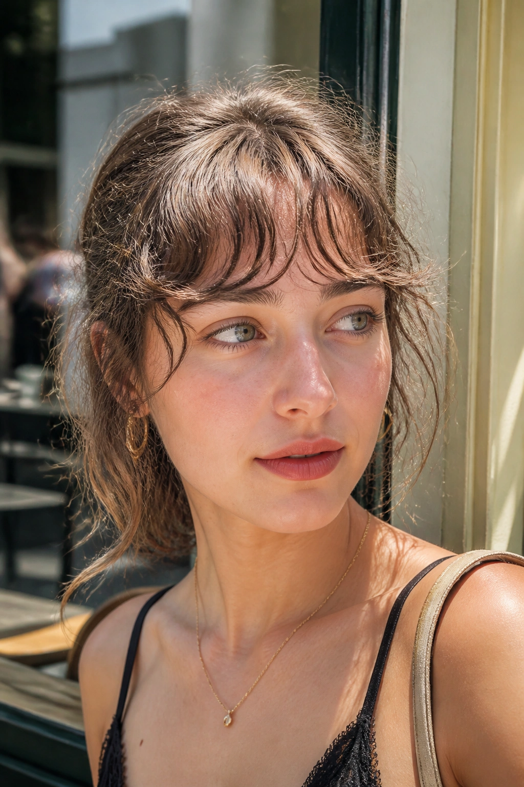 Real woman with wavy fringe, portrait in sunlit outdoor setting.