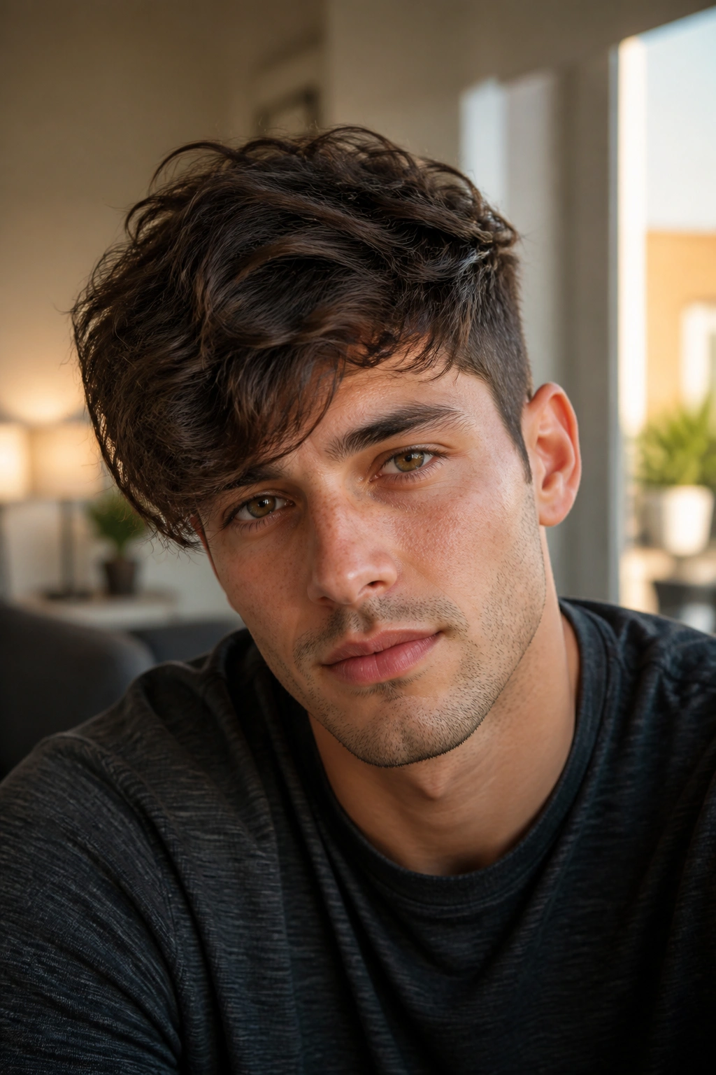 Close-up portrait of man with wavy fringe and deep side drop