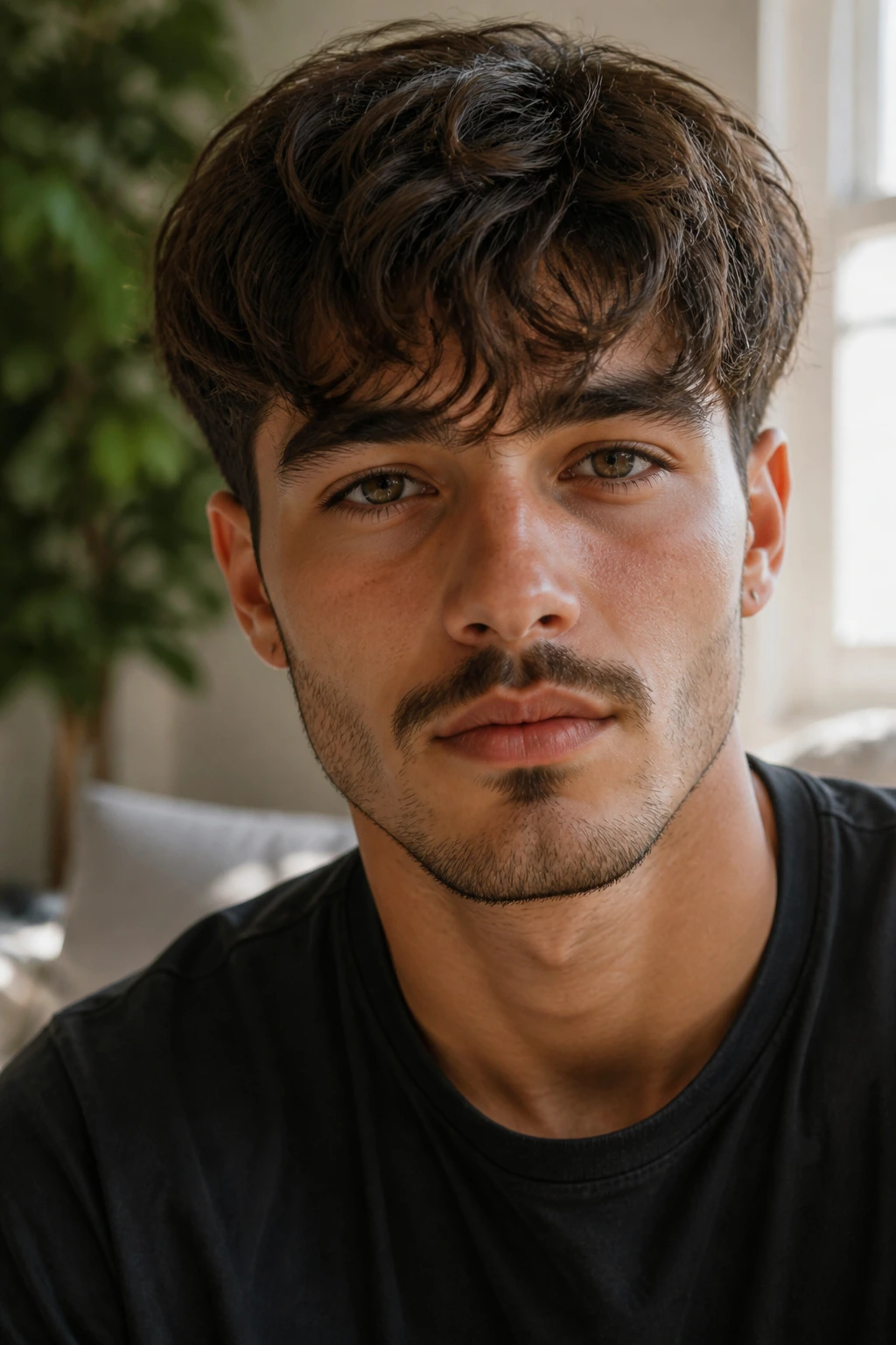 Close-up of a man with a natural wavy fringe across the forehead