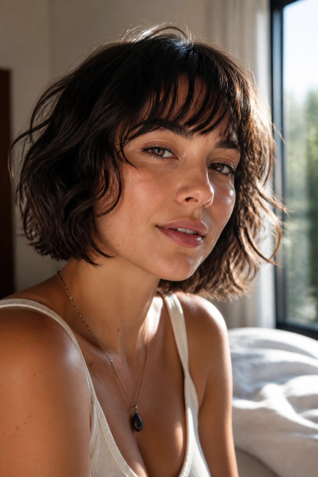 Portrait of a woman with wavy choppy fringe in a sunlit bedroom