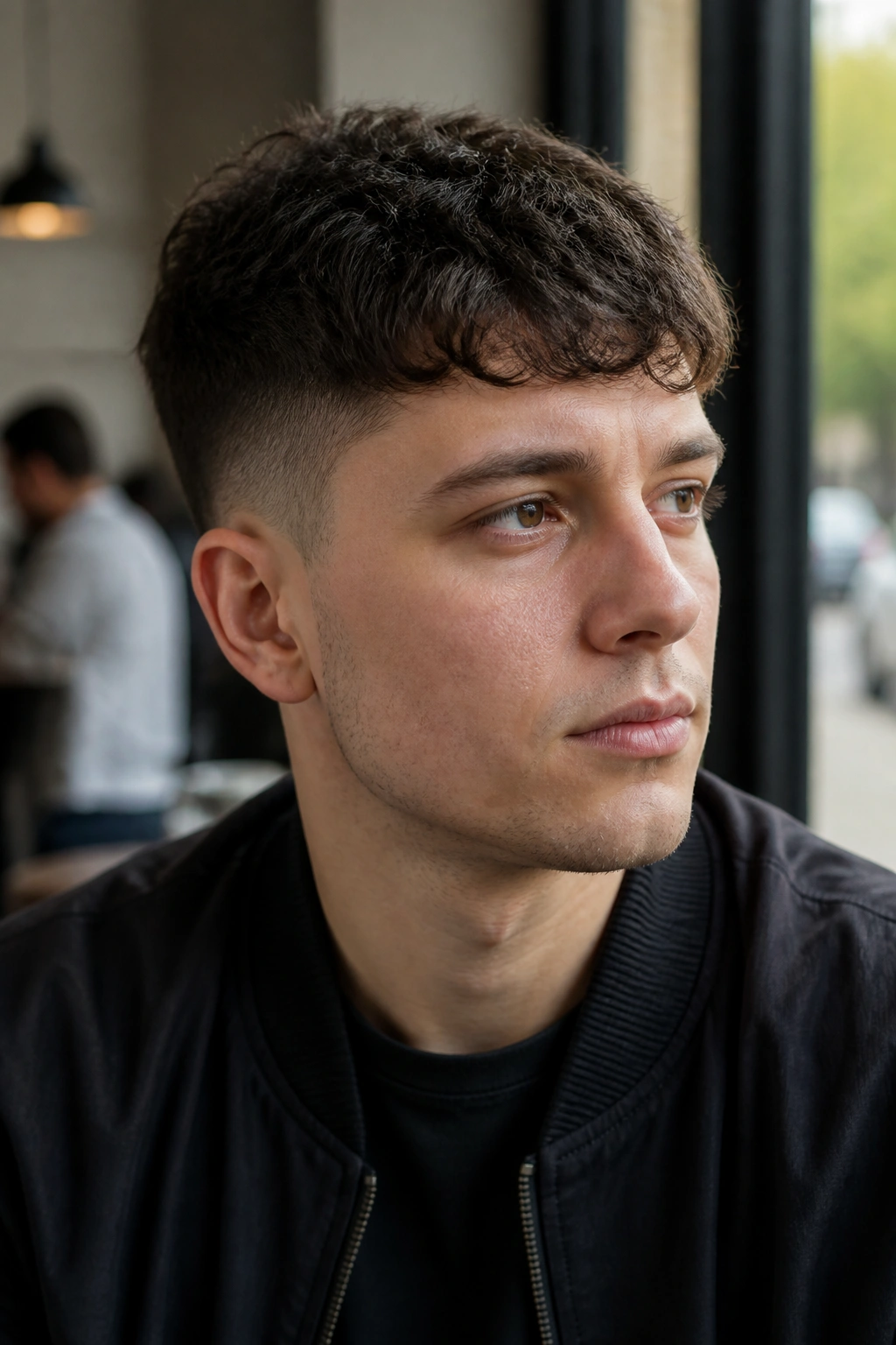 Close-up portrait of a real man with a Wavy Fringe Undercut showing short fringe and waves