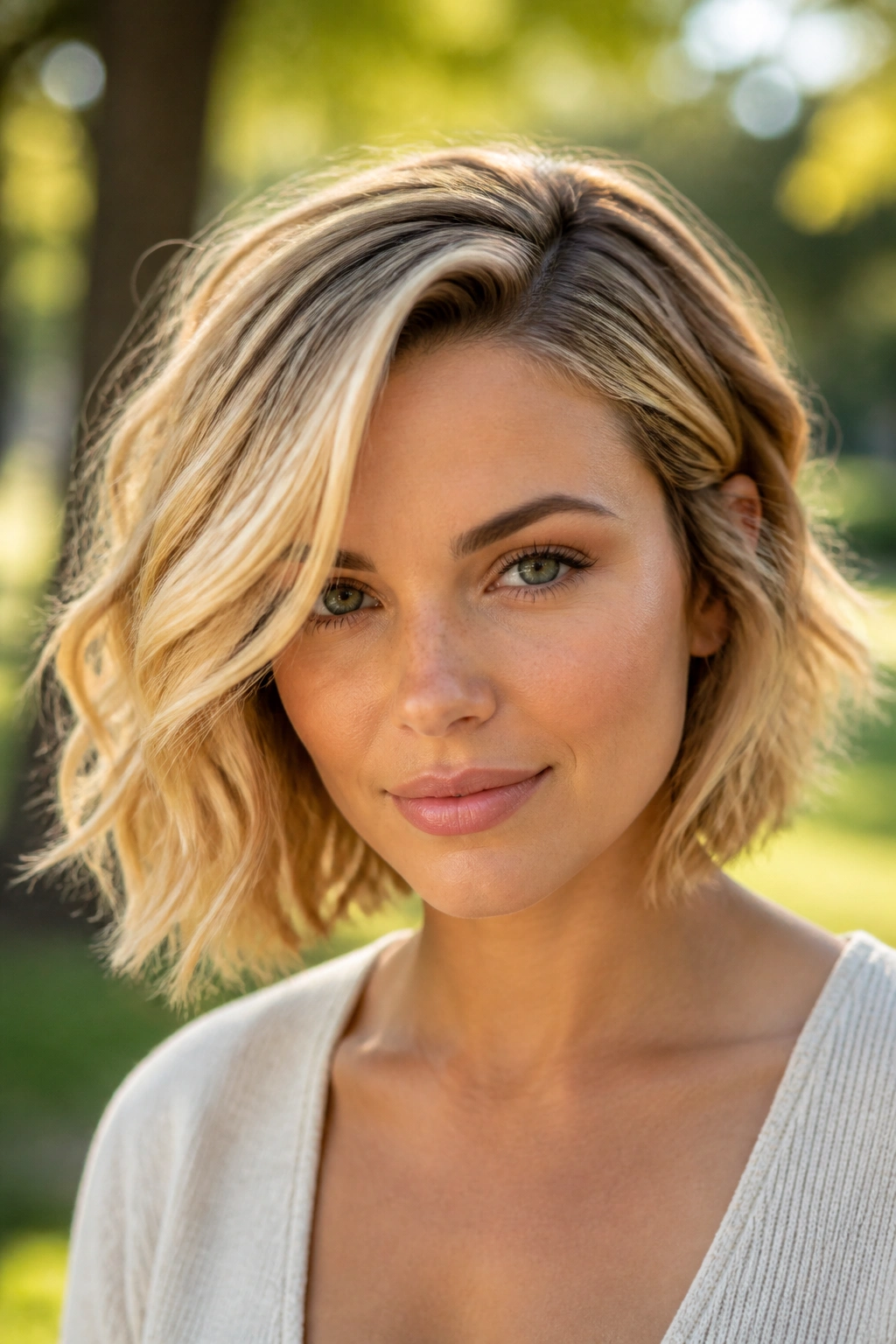 Close-up of a woman with a wavy golden blond bob and deep side part in a sunlit park