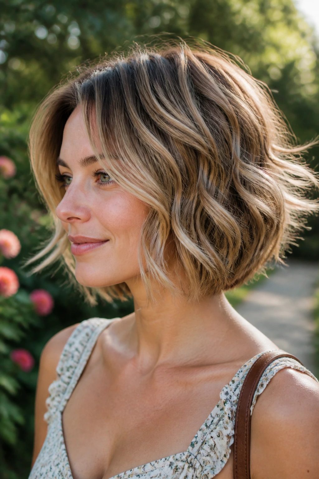 Close-up portrait of a real woman with loose waves in a graduated bob