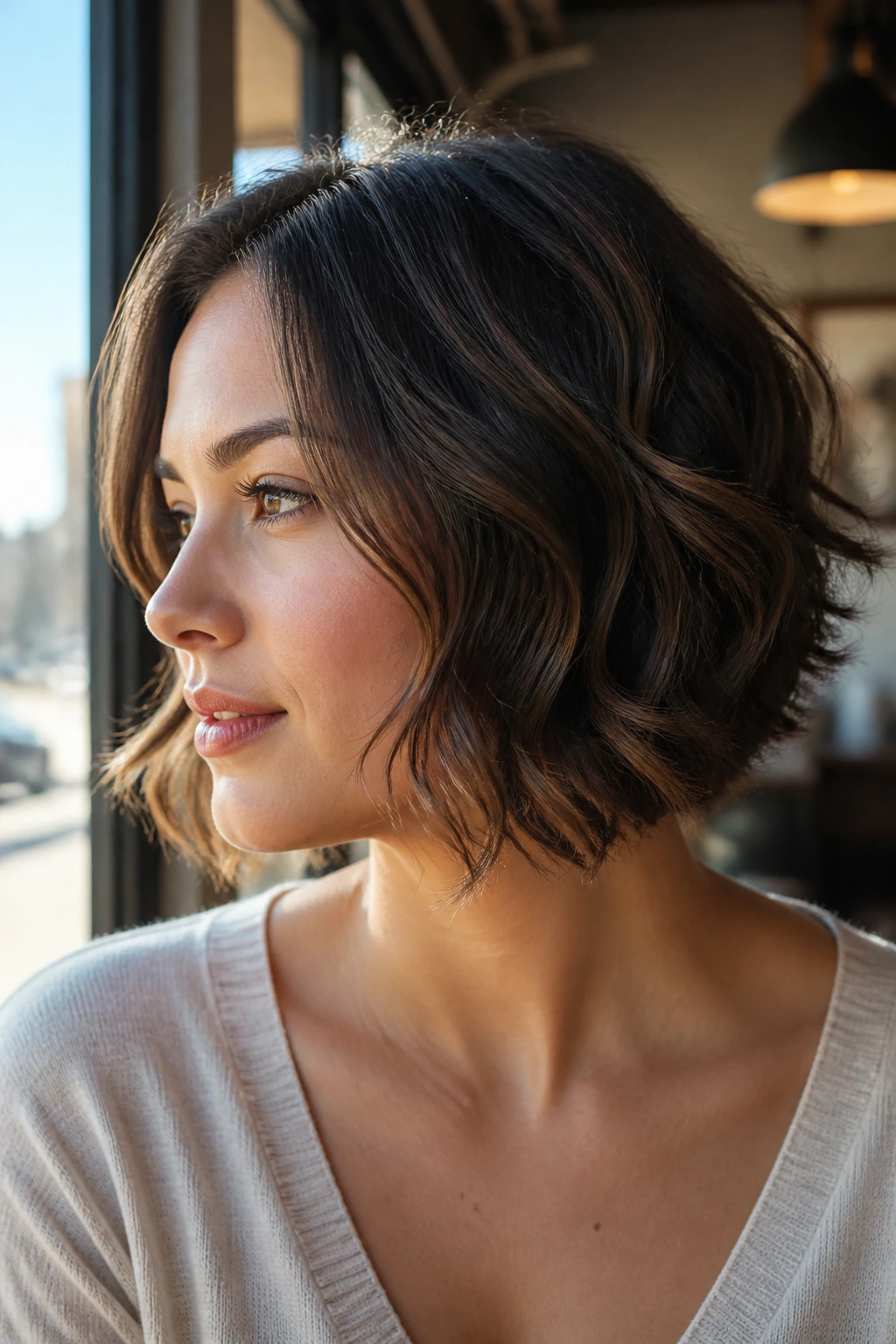Close-up of a real woman with a wavy graduated bob in sunlit cafe