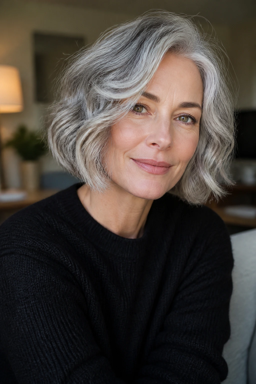Real person with a wavy grey bob and soft bend