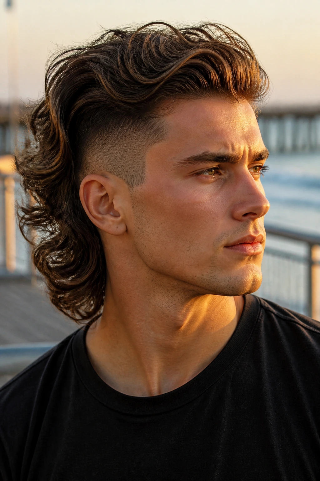 Real person with wavy bro flow and tight undercut in golden hour light