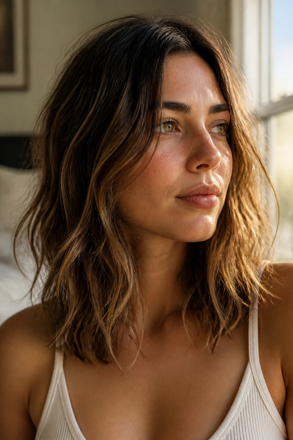 Close-up of a real woman's wavy hair with broken-up ends in warm natural light